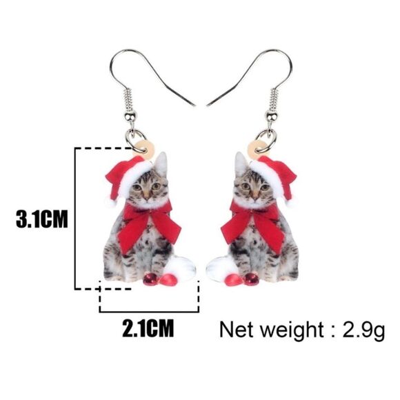 Christmas Kitten Earrings Cat Santa Acrylic Lightweight Holiday - Picture 6 of 6